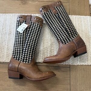 Macie Bean Western Cowgirl Boots Leather Woven Checkered Women's Size 8.5 Boho